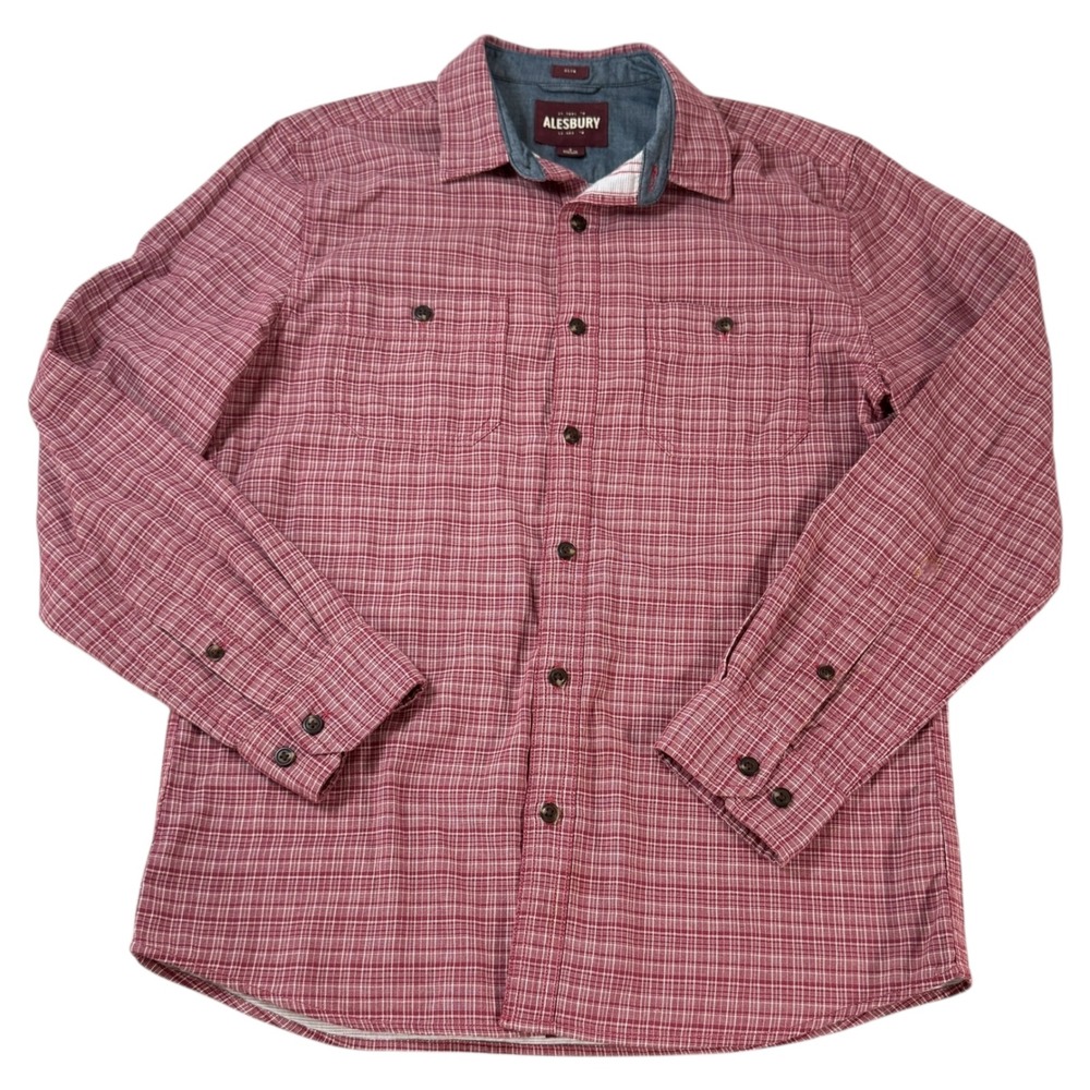 ALESBURY Mens‎ Slim Fit Plaid Long Sleeve Button Up Shirt Size M Burgundy White